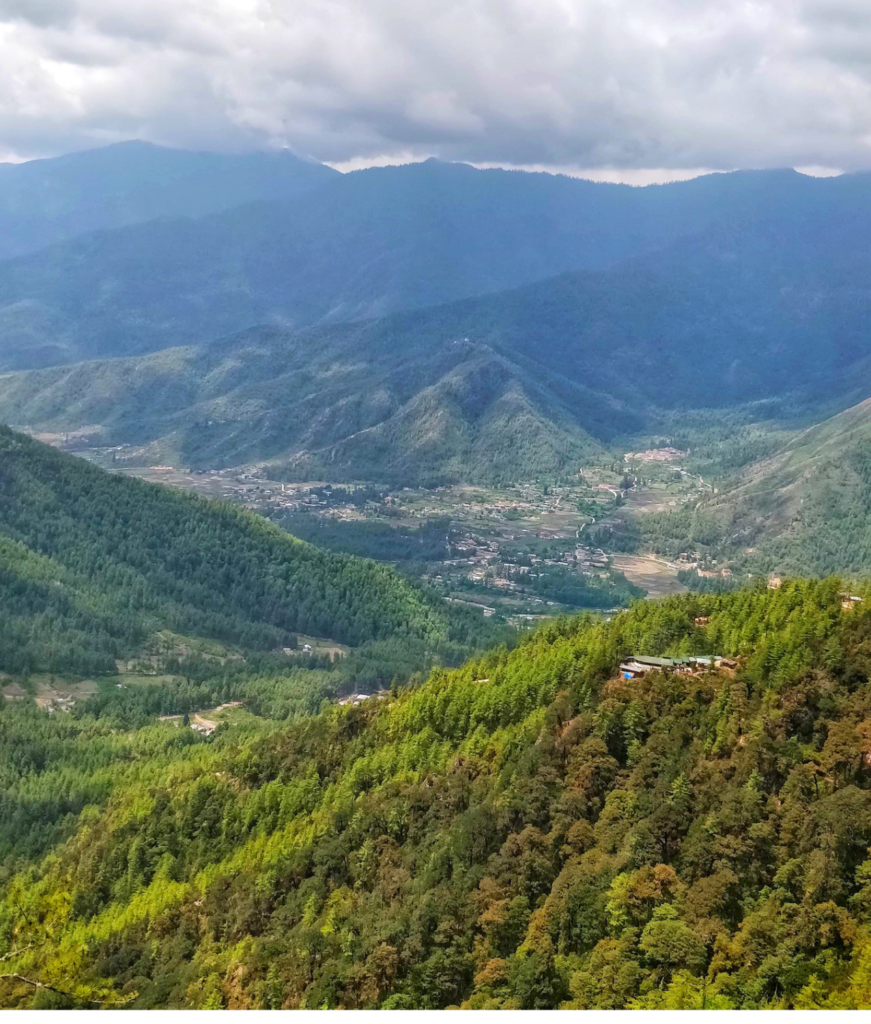 Image of a view of Paro valley from Bhutan road trip.