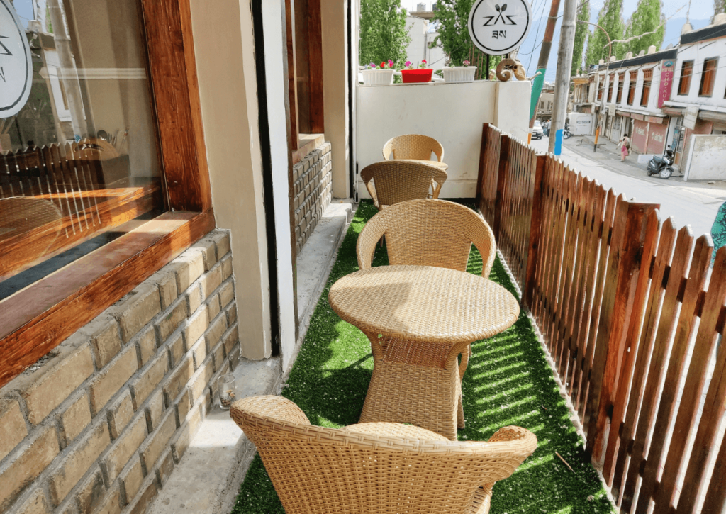 Zas's outdoor seating. Zas is a restaurant in Leh