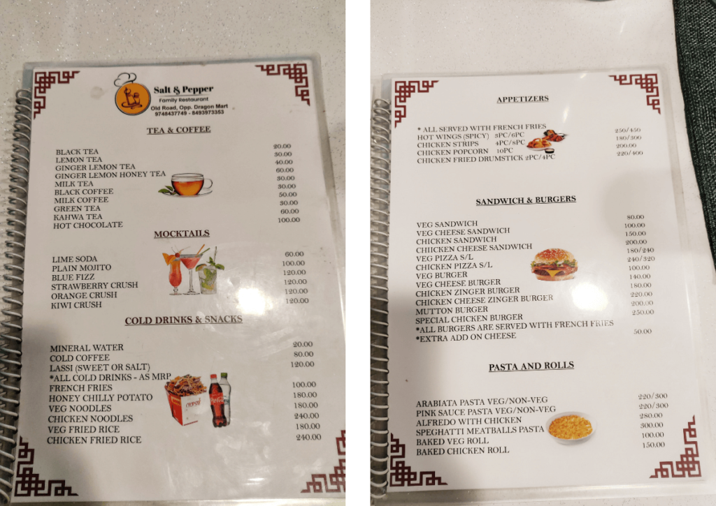 Salt and Pepper family restaurant's menu 