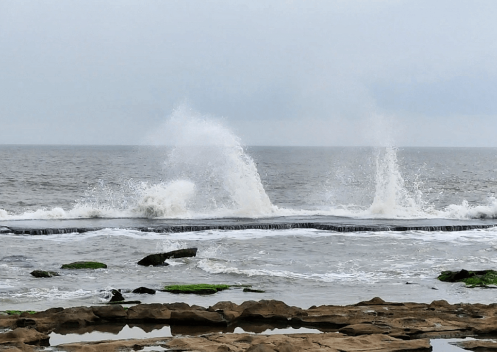 Diu travel guide - Waves crashing against rocks near the Dinosaur Park. 