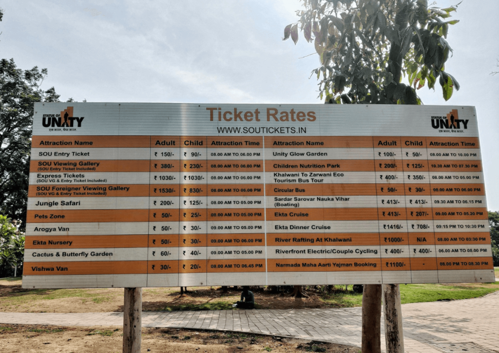 Ticket costs of the Statue of Unity and other activities.