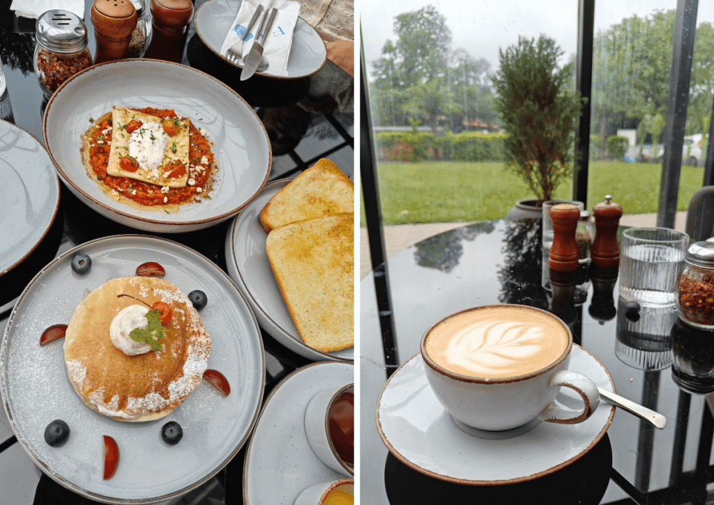 Pancakes, cappuccino and shakshuka for breakfast at Fiori.
Must-visit cafe during your 1-day road trip to Lonavala.